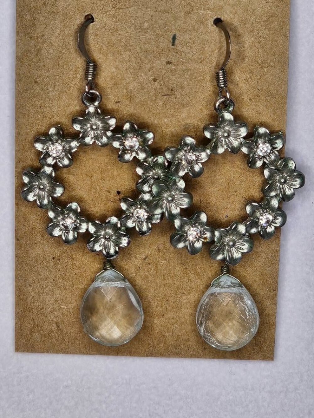 Vintage Boho Silver Tone Floral Wreath Dangle Earrings with Clear Faceted Beads